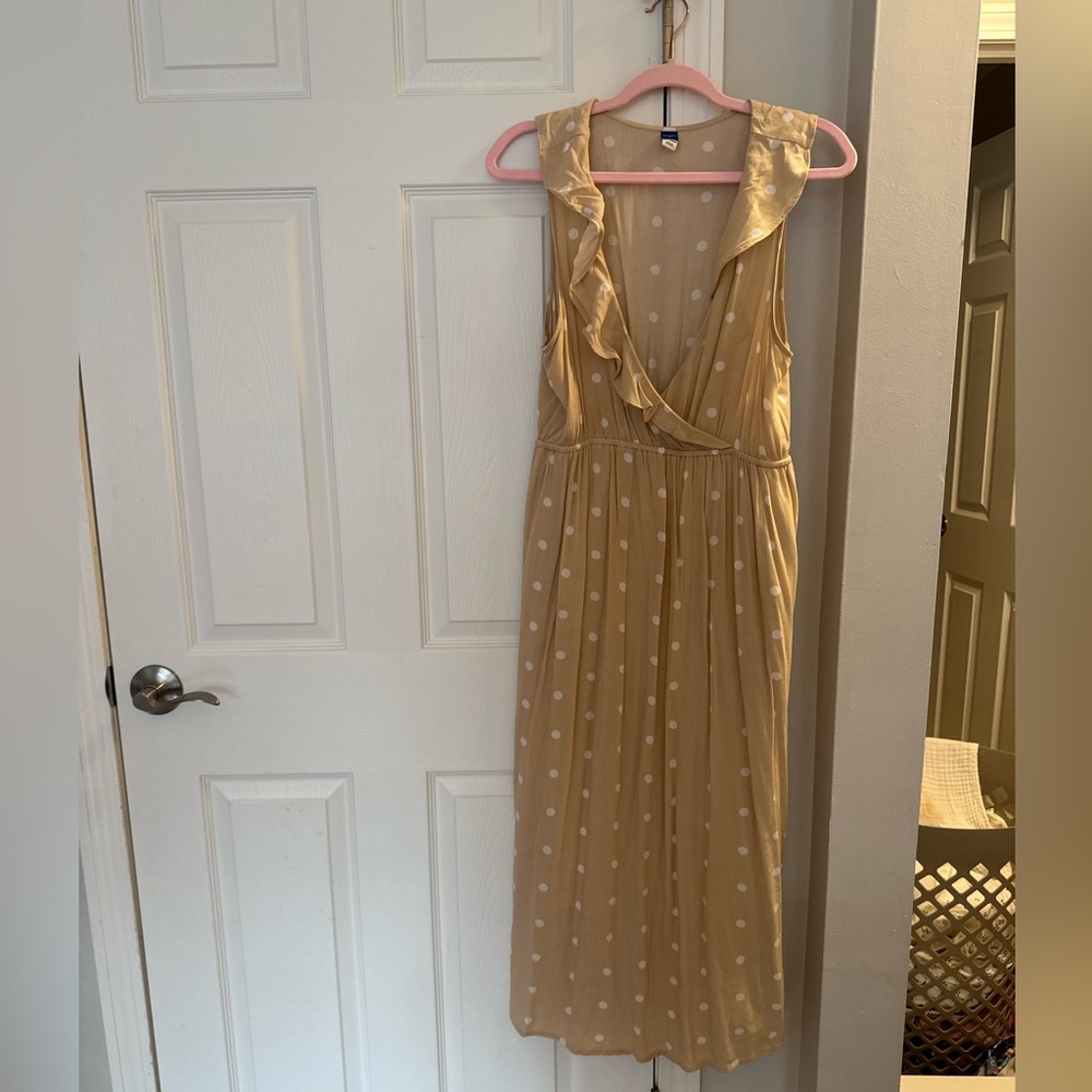 Old Navy Cream Polka Dot Midi Maternity & Nursing Dress with Pockets
